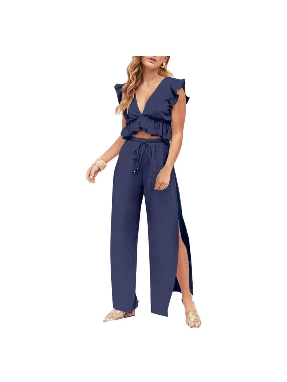 Fancyinn Navy Ruffle Crop Top & Wide-Leg Pants Set